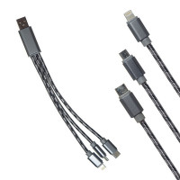 Кабель USB 3в1  Lightning + Micro + Type-C Тканевый 200mm, E28-35