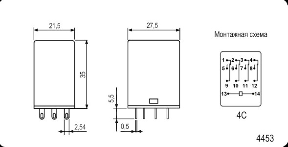 Реле 4453 (18F)-4 (HH54P) 24VDC 5A