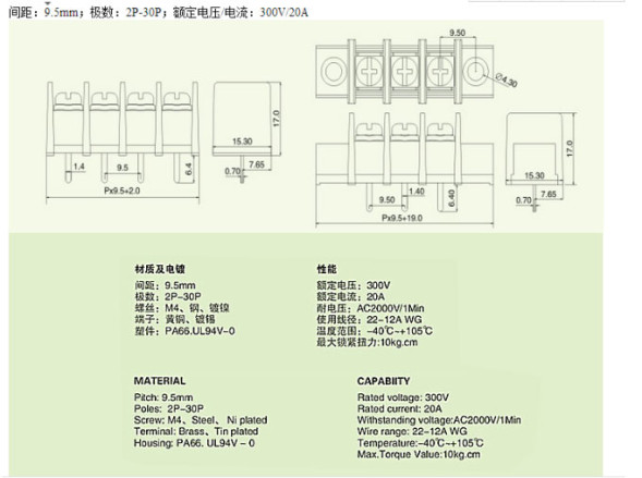 Клемма KF45-9500 шаг 9.5mm, 6pin
