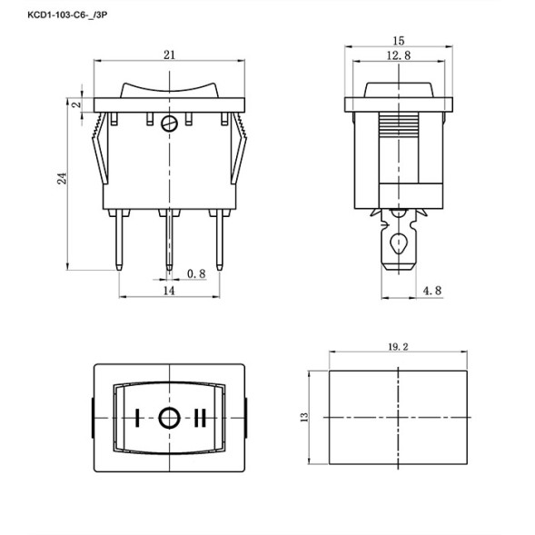 Выключатель KCD1-103-C6-R/3P ON-OFF-ON 6A/250V