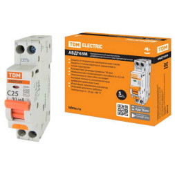 Автоматический выключатель АВДТ 63М 2P(1P+N)C25 100мА 4.5кА АC