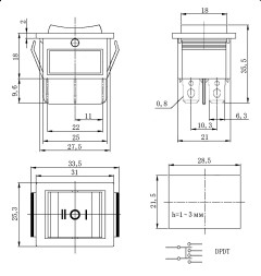 Выключатель KCD4-203-C6-B/6P ON-OFF-ON 15A 250V