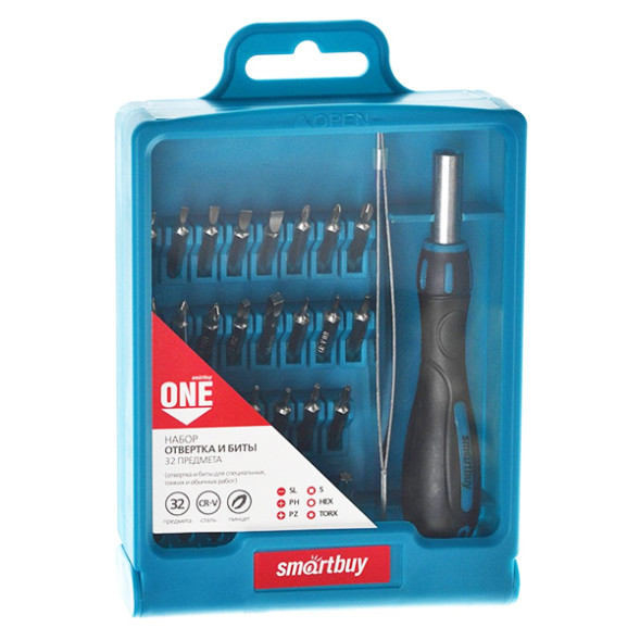 Отвертка с набором бит Smartbuy One Tools 32 пред. (30 бит, пинцет,CR-V)
