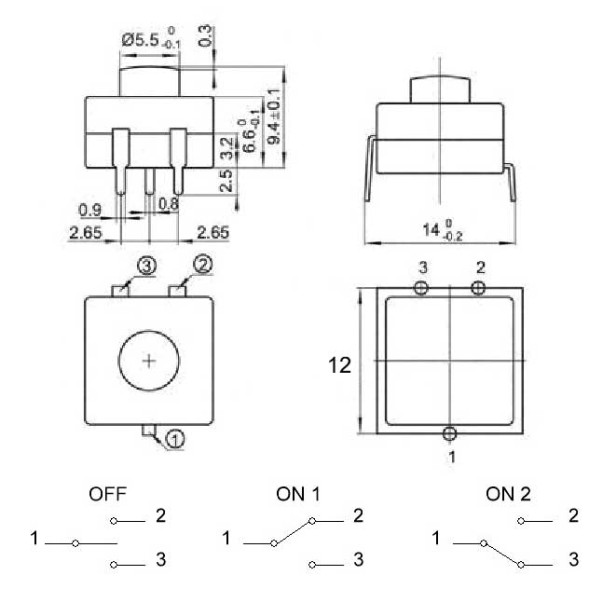 Кнопка PBS1203C 1A 30V ON-ON-OFF