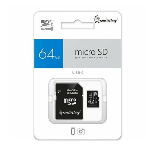 Карта памяти microSDXC 64 GB class 10 с адаптером, Smart Buy