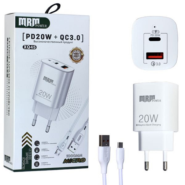 Зарядное устройство MRM XQ45 PD20W + QC3.0 5V/3.1A 1USB + кабель Micro 1000m White, ZZ-8