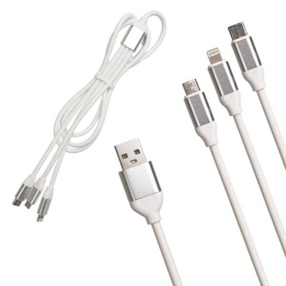 Кабель USB R31 3в1 Lightning + Micro + Type-C Резиновый 1,2м (белый)