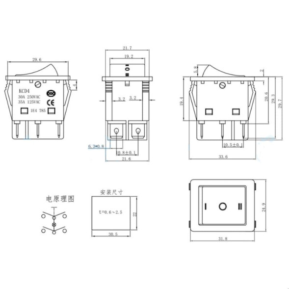 Выключатель KCD4 6PIN 30A 250VAC ON-OFF-ON черный