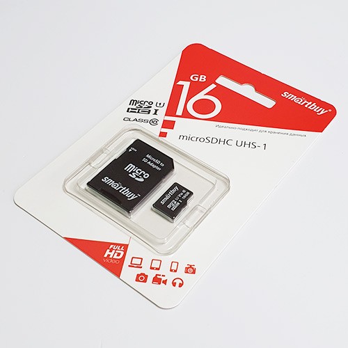 Карта памяти microSDHC 16 GB class 10 с адаптером, Smart Buy, 22-0015
