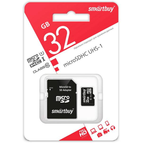 Карта памяти microSDHC 32 GB class 10 с адаптером, Smart Buy, 22-0016